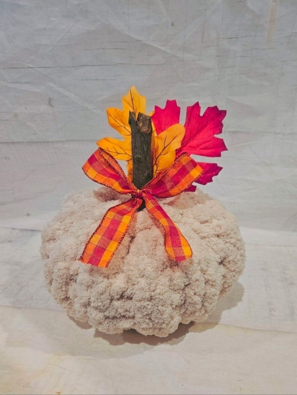 Cozy Cream Plush Pumpkin with Autumn Leaf Accent